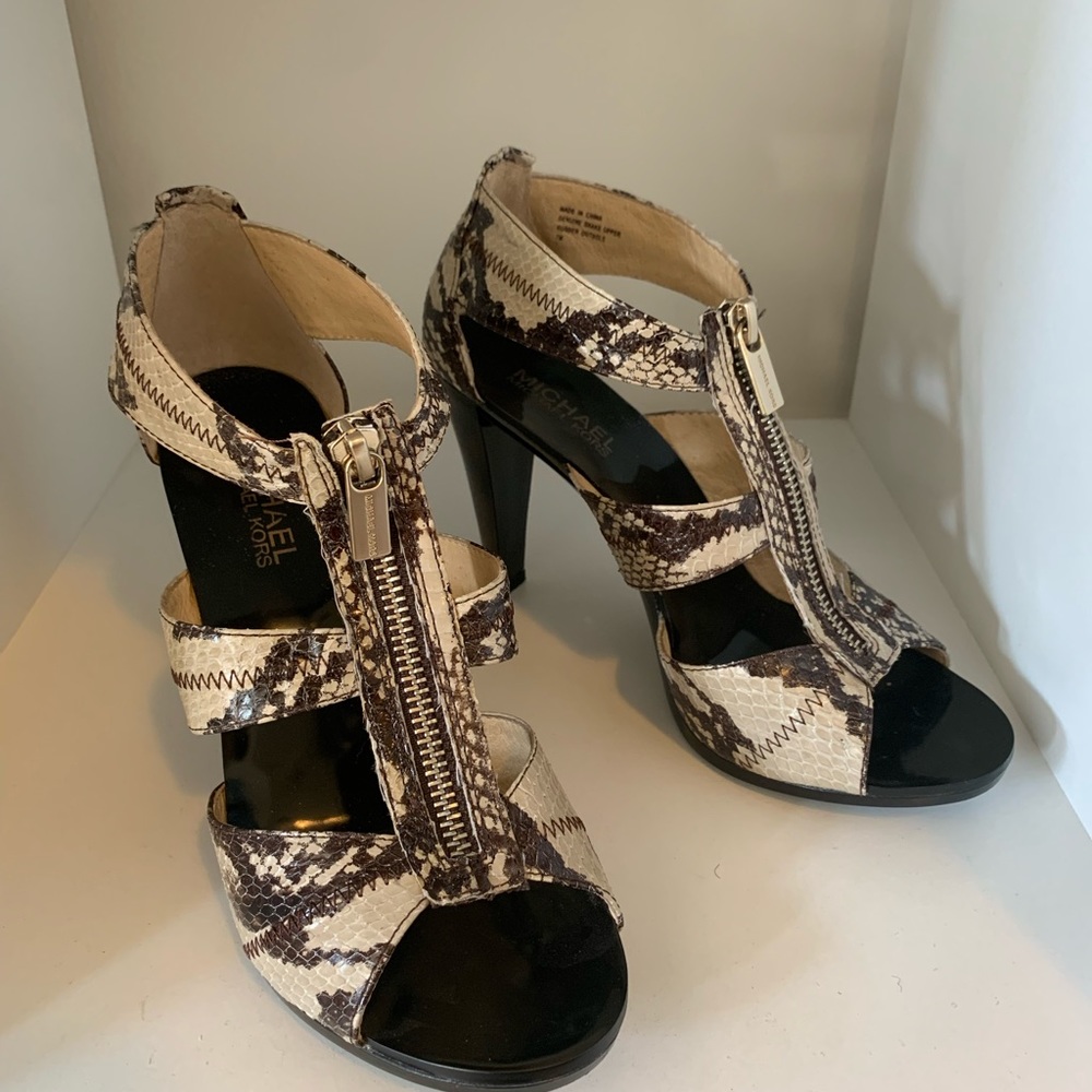 Michael Kors Snake Print Open Toe Heels.